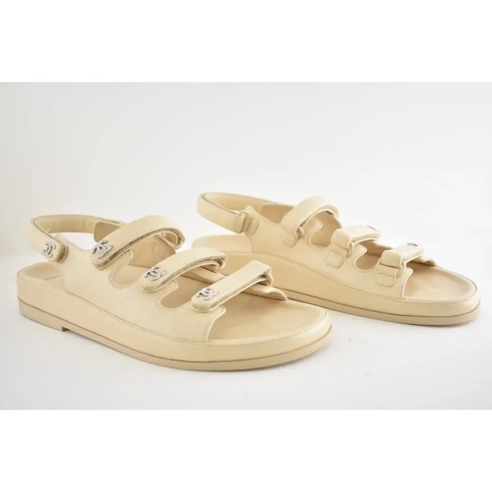 Chanel 24S Beige Leather Triple Strap CC Logo Mule Slide Teva Dad Sandal Flat 41